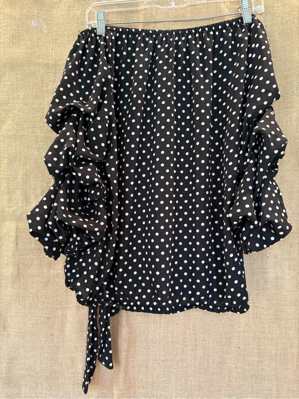 CeCe Black and White Polka Dot Off-Shoulder Ruffle Sleeve Top